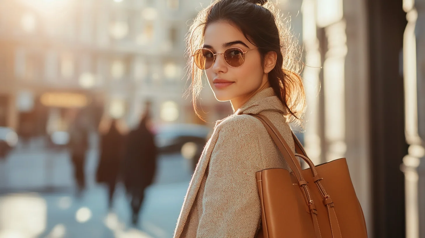 Stylish Latina woman walking on city street with designer bag