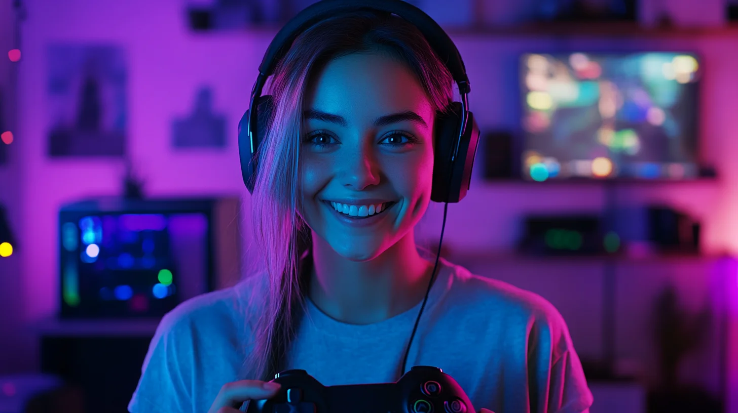 Female gamer with gaming headset and setup